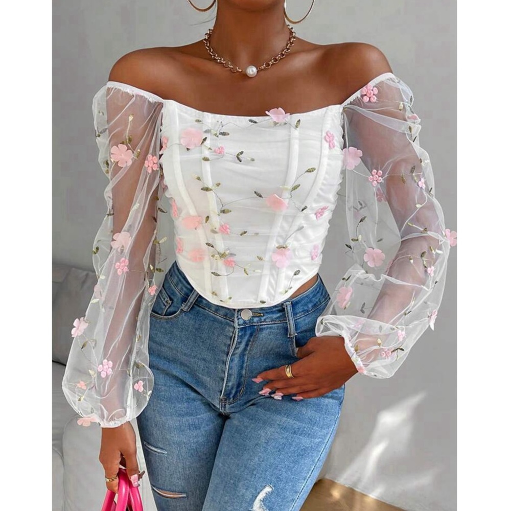 Floral Embroidery Off Shoulder Top